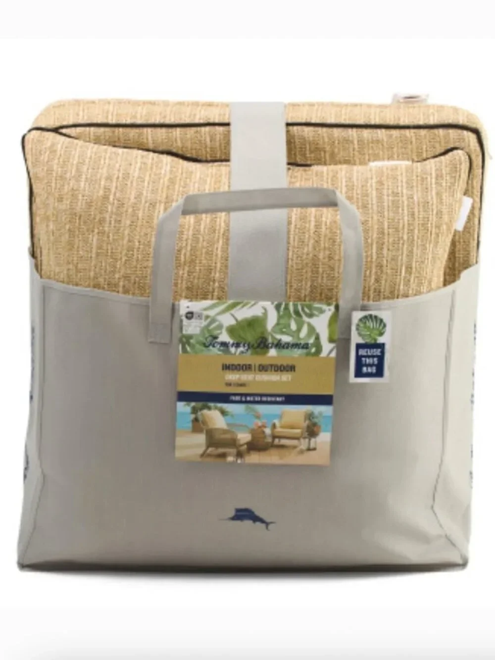 TOMMY BAHAMA 1 Deep Seat Outdoor Cushion Set Poly Woven Faux Straw Black Piping